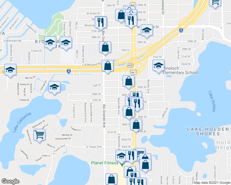 map of restaurants, bars, coffee shops, grocery stores, and more near 3601 Nashville Avenue in Orlando
