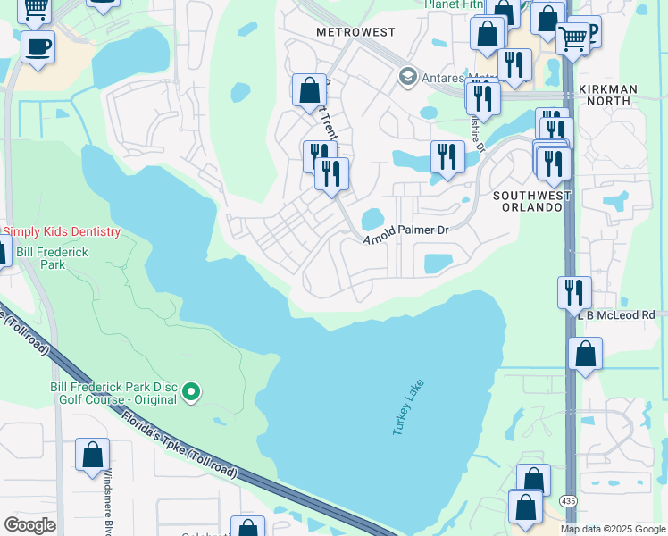 map of restaurants, bars, coffee shops, grocery stores, and more near 3338 Robert Trent Jones Drive in Orlando