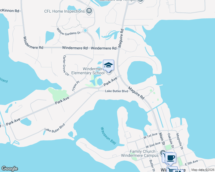 map of restaurants, bars, coffee shops, grocery stores, and more near 11137 Lake Butler Boulevard in Windermere