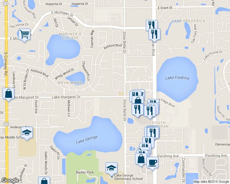 map of restaurants, bars, coffee shops, grocery stores, and more near 5426 Lake Margaret Drive in Orlando