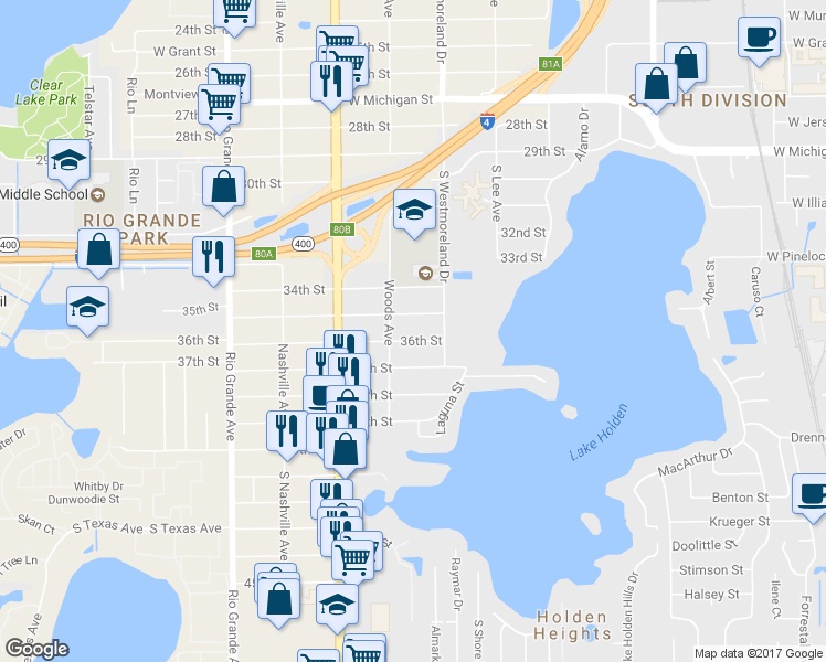map of restaurants, bars, coffee shops, grocery stores, and more near 1038 36th Street in Orlando