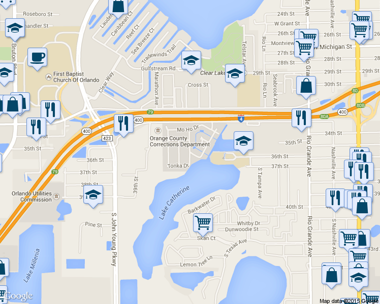map of restaurants, bars, coffee shops, grocery stores, and more near 3422 Keota Drive in Orlando