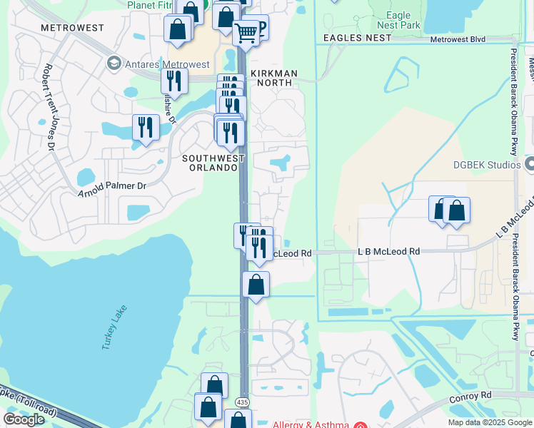 map of restaurants, bars, coffee shops, grocery stores, and more near 3367 South Kirkman Road in Orlando