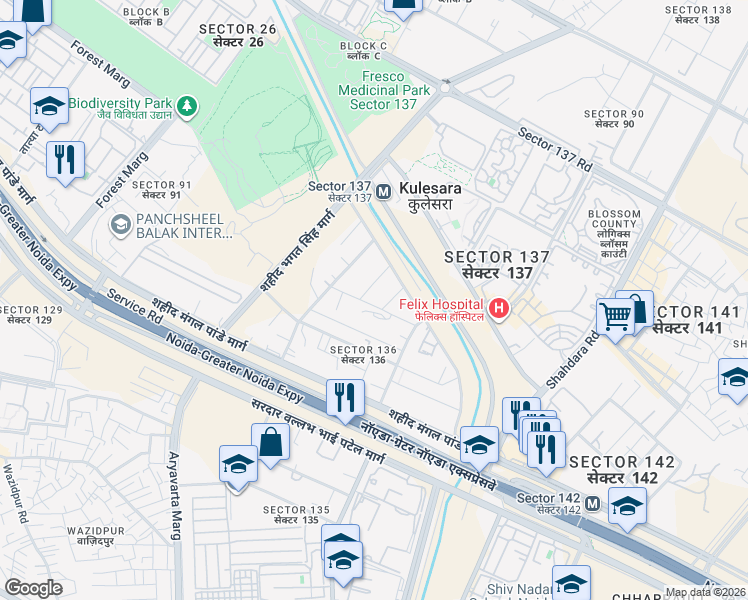 map of restaurants, bars, coffee shops, grocery stores, and more near Noida Greater Noida Express Way in New Okhla Industrial Development Area