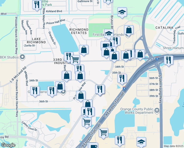 map of restaurants, bars, coffee shops, grocery stores, and more near 4102 L B McLeod Rd in Orlando