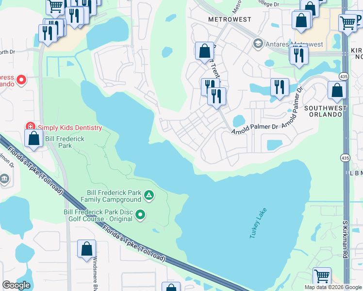 map of restaurants, bars, coffee shops, grocery stores, and more near 3406 Soho Street in Orlando