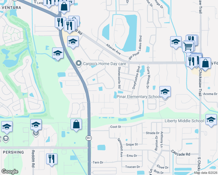 map of restaurants, bars, coffee shops, grocery stores, and more near 7777 Pine Fork Drive in Orlando
