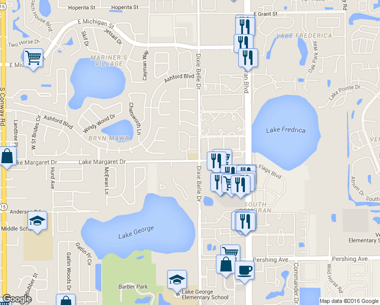 map of restaurants, bars, coffee shops, grocery stores, and more near 5461 Lake Margaret Drive in Orlando