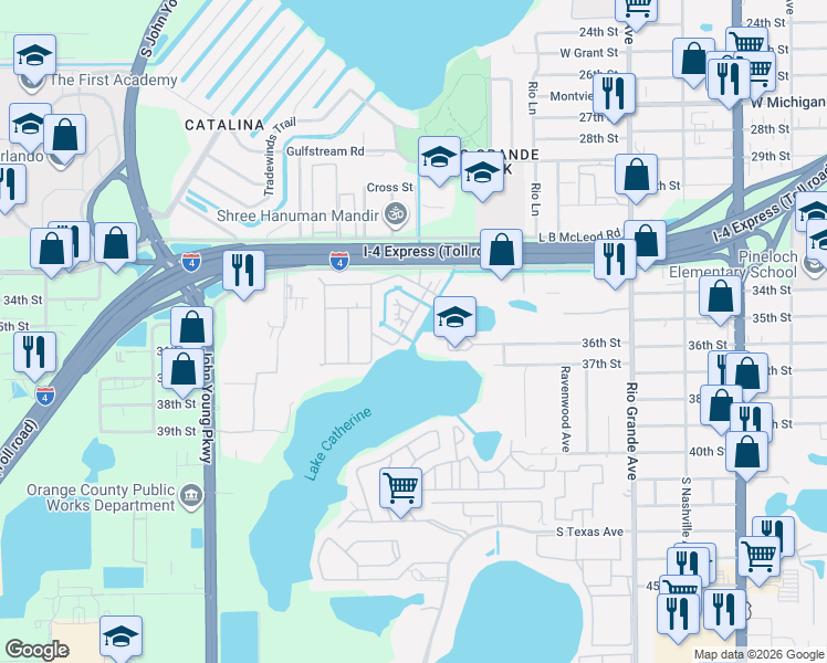 map of restaurants, bars, coffee shops, grocery stores, and more near 1901 Onaka Drive in Orlando
