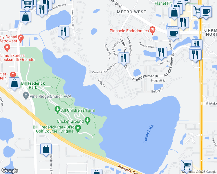 map of restaurants, bars, coffee shops, grocery stores, and more near 3383 Westchester Square Boulevard in Orlando