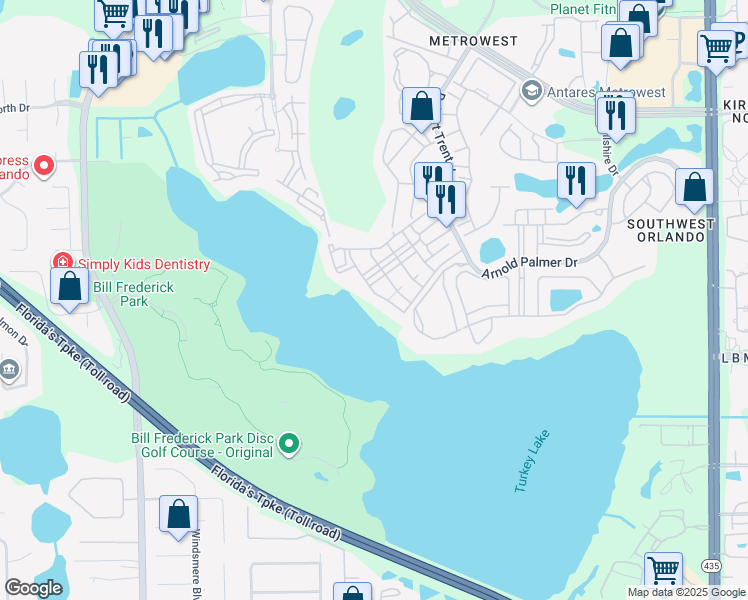 map of restaurants, bars, coffee shops, grocery stores, and more near 3406 Soho Street in Orlando