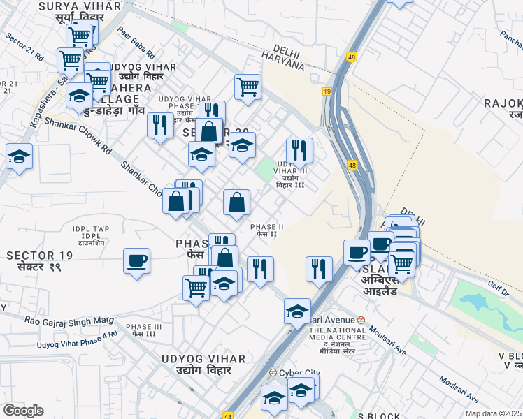 map of restaurants, bars, coffee shops, grocery stores, and more near 344 Udyog Vihar II Road in Gurugram