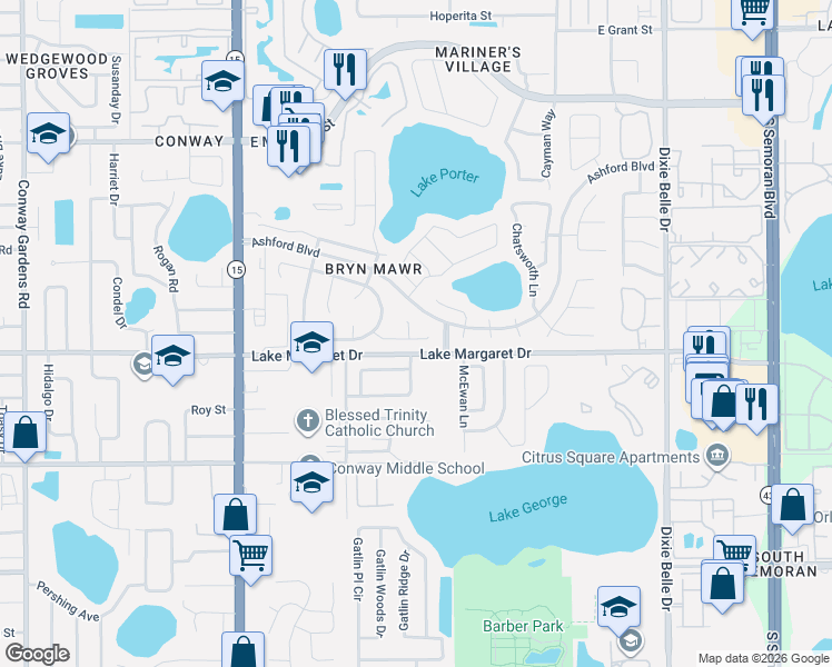 map of restaurants, bars, coffee shops, grocery stores, and more near 3493 Heatherstone Court in Orlando
