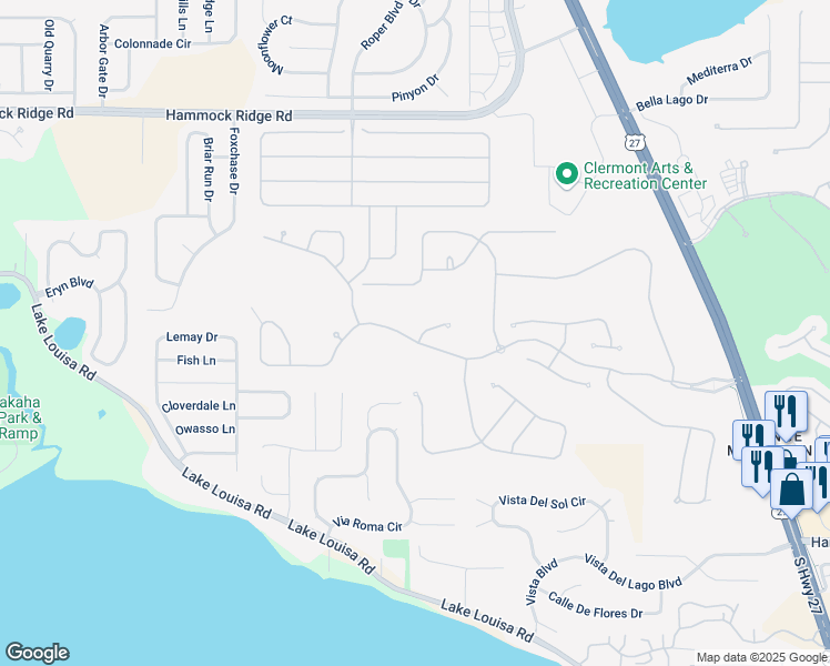 map of restaurants, bars, coffee shops, grocery stores, and more near 1368 Bridge Hill Lane in Clermont
