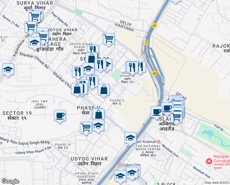 map of restaurants, bars, coffee shops, grocery stores, and more near 344 Udyog Vihar II Road in Gurugram