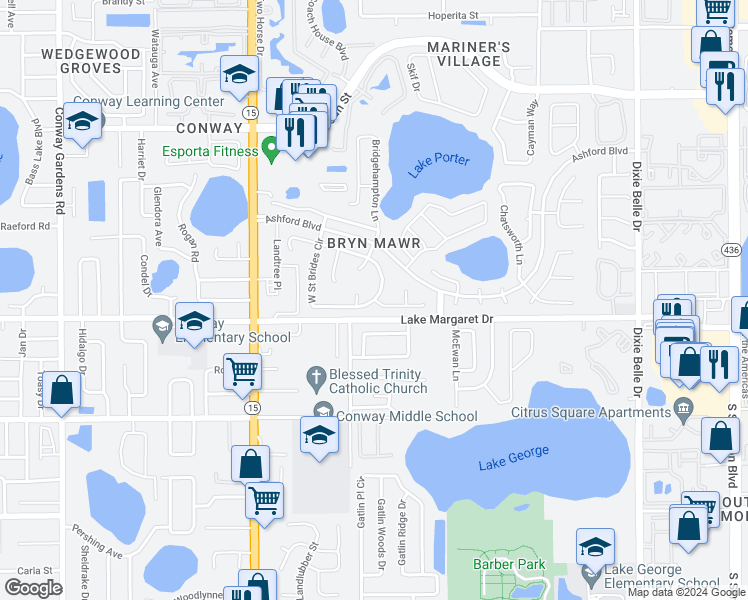 map of restaurants, bars, coffee shops, grocery stores, and more near 5028 South Saint Brides Circle in Orlando