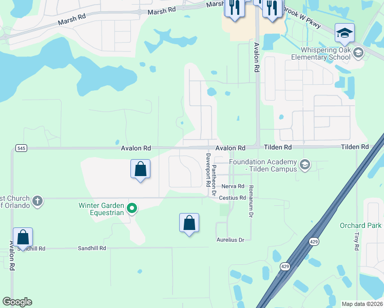 map of restaurants, bars, coffee shops, grocery stores, and more near 15318 Sandfield Loop in Winter Garden