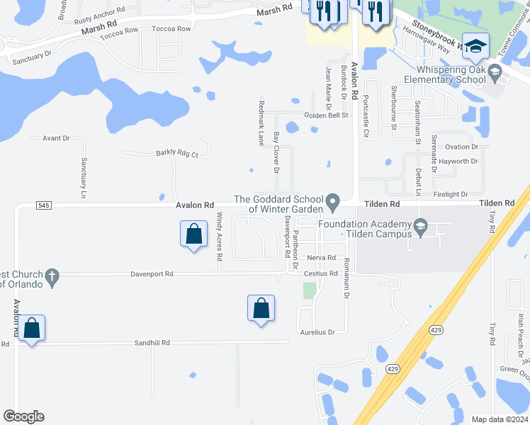 map of restaurants, bars, coffee shops, grocery stores, and more near 15318 Sandfield Loop in Winter Garden