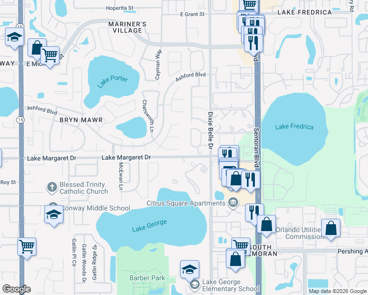 map of restaurants, bars, coffee shops, grocery stores, and more near 5421 Lake Margaret Drive in Orlando
