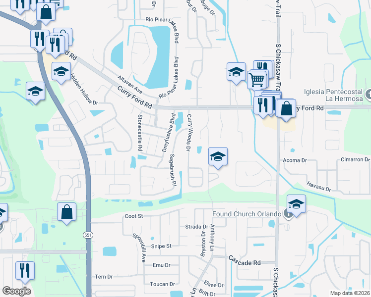 map of restaurants, bars, coffee shops, grocery stores, and more near 3014 Curry Woods Drive in Orlando