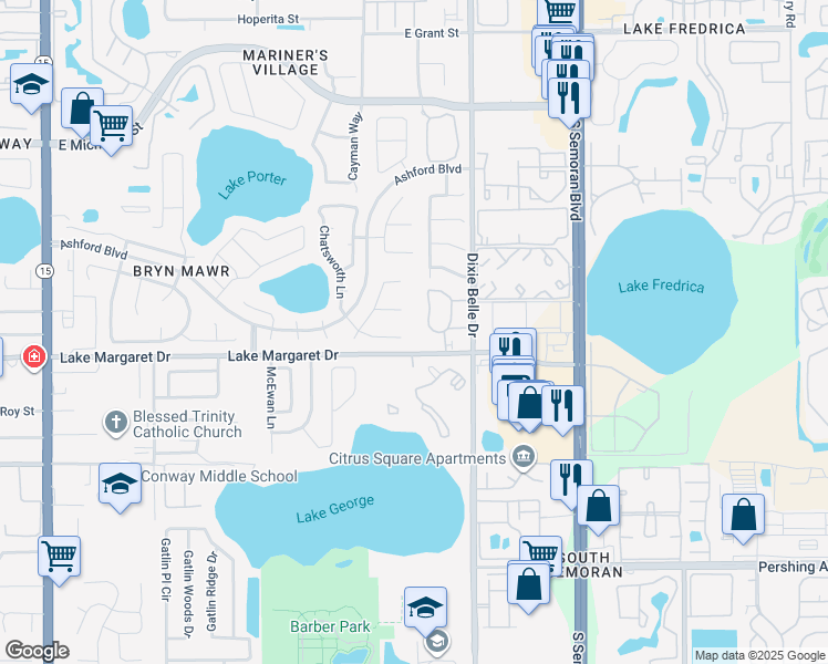 map of restaurants, bars, coffee shops, grocery stores, and more near 5421 Lake Margaret Drive in Orlando