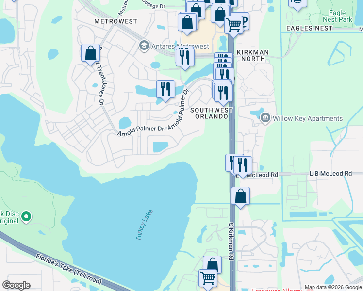 map of restaurants, bars, coffee shops, grocery stores, and more near 3388 Flamborough Drive in Orlando