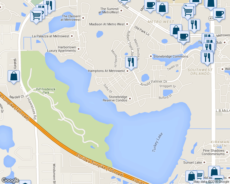 map of restaurants, bars, coffee shops, grocery stores, and more near 3383 Westchester Square Boulevard in Orlando