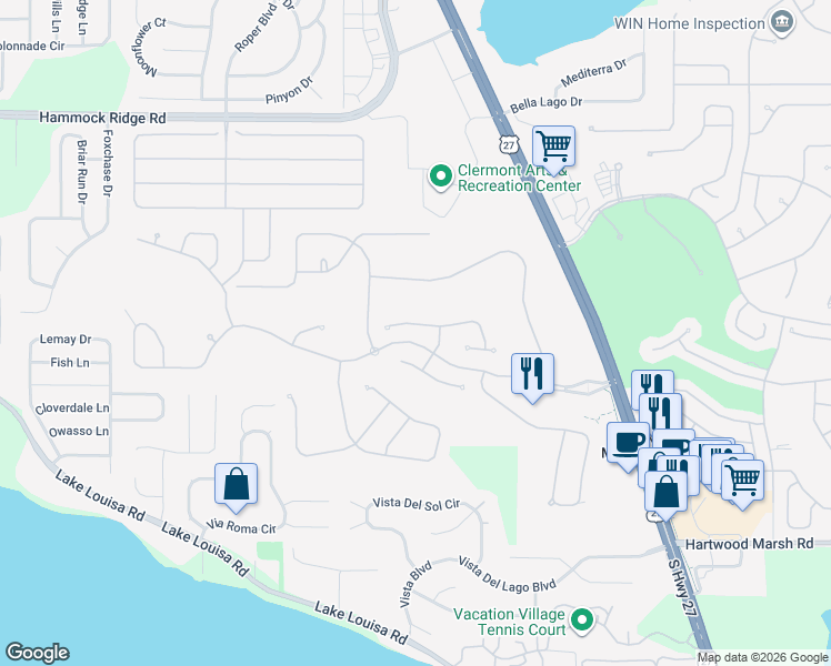 map of restaurants, bars, coffee shops, grocery stores, and more near 1577 Kennesaw Drive in Clermont