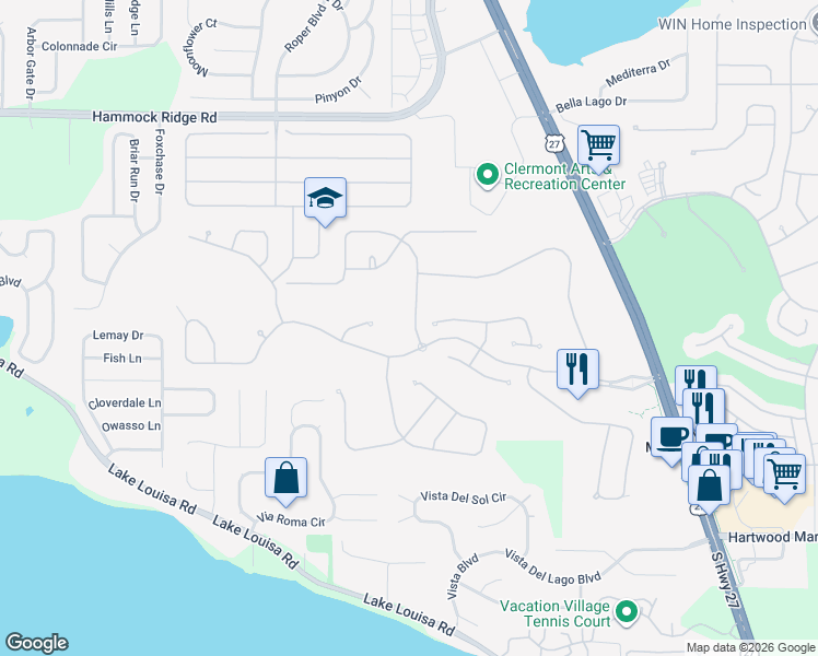 map of restaurants, bars, coffee shops, grocery stores, and more near 3970 Liberty Hill Drive in Clermont