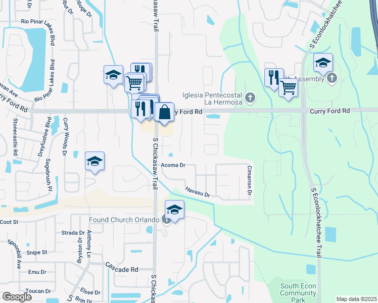 map of restaurants, bars, coffee shops, grocery stores, and more near 2820 Arbor Trail Way in Orlando