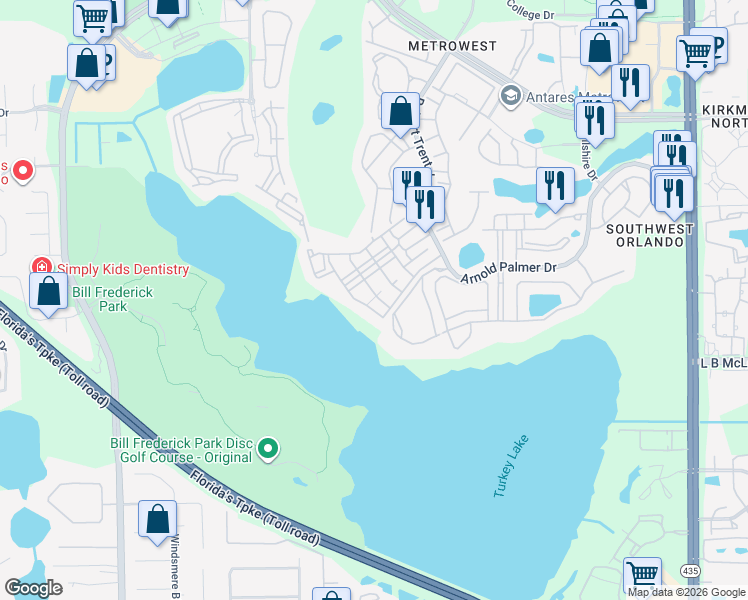 map of restaurants, bars, coffee shops, grocery stores, and more near 3383 Westchester Square Boulevard in Orlando