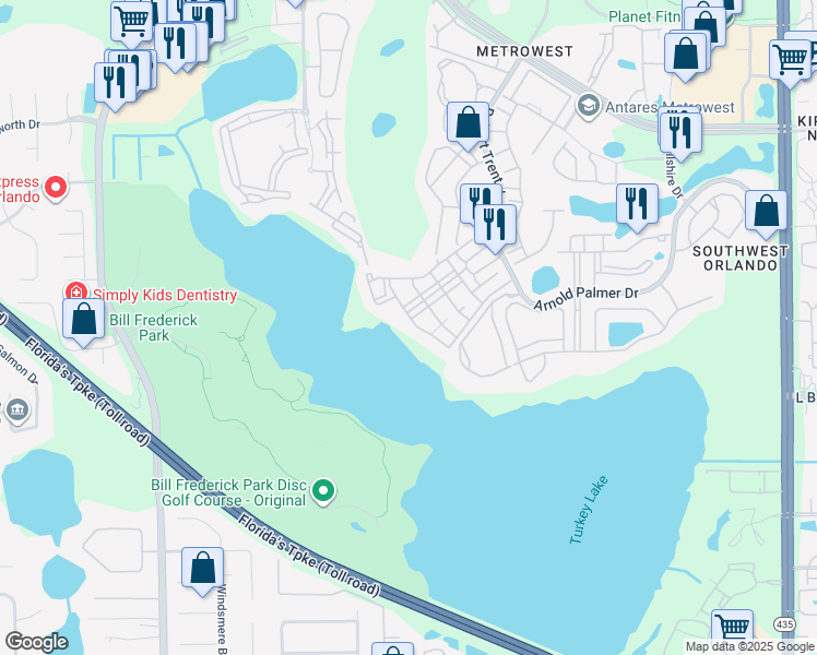 map of restaurants, bars, coffee shops, grocery stores, and more near 3406 Soho Street in Orlando