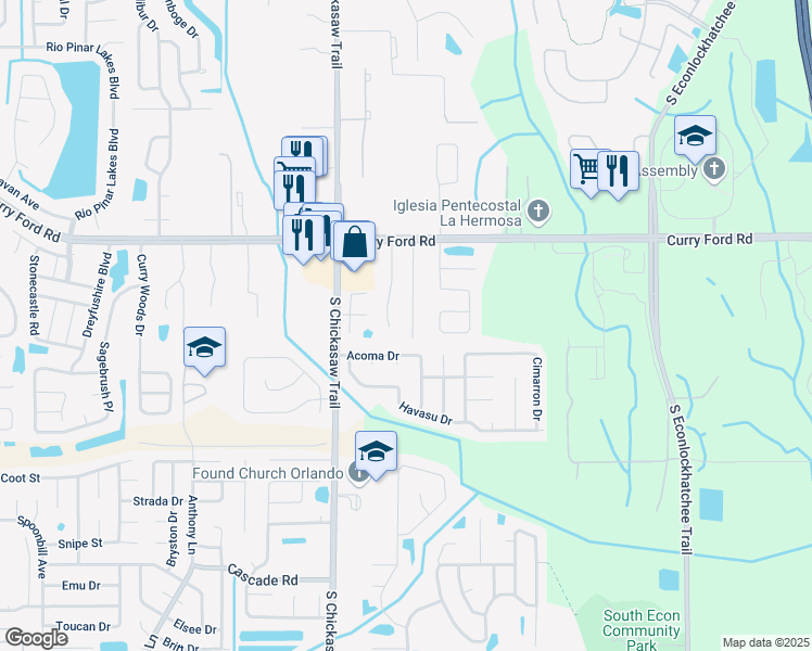 map of restaurants, bars, coffee shops, grocery stores, and more near 2820 Arbor Trail Way in Orlando