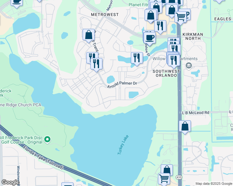 map of restaurants, bars, coffee shops, grocery stores, and more near 3393 Shallot Drive in Orlando