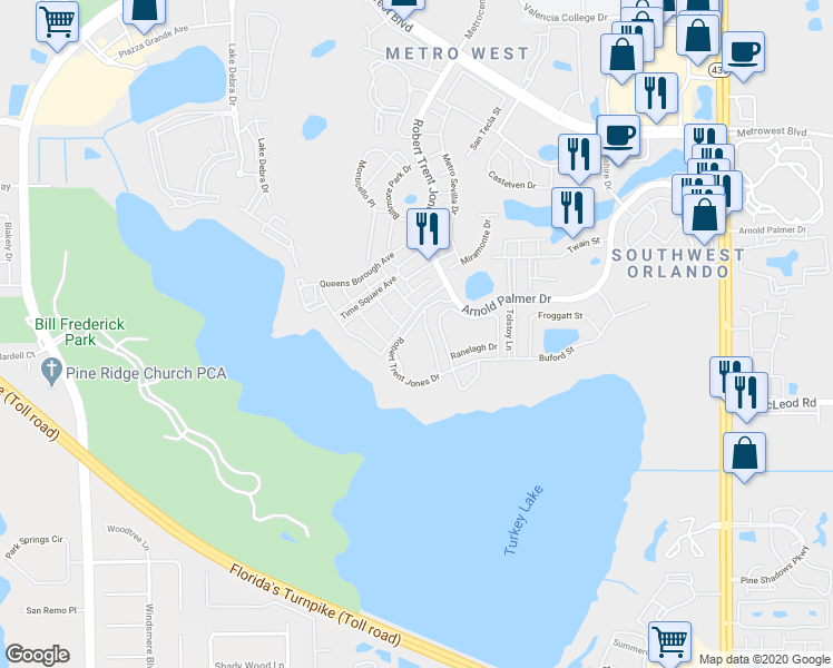 map of restaurants, bars, coffee shops, grocery stores, and more near 3396 Parkchester Square Boulevard in Orlando