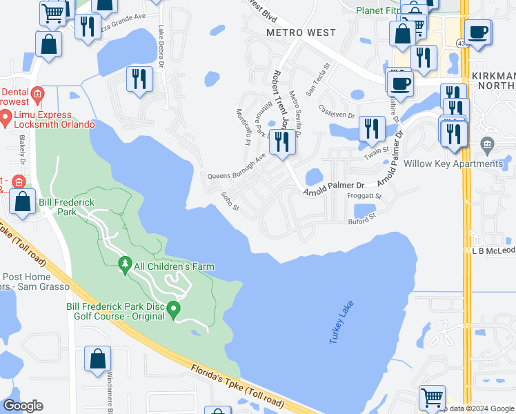 map of restaurants, bars, coffee shops, grocery stores, and more near 3383 Westchester Square Boulevard in Orlando