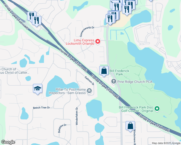 map of restaurants, bars, coffee shops, grocery stores, and more near Florida's Turnpike in Orlando
