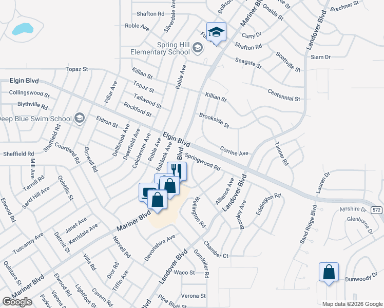 map of restaurants, bars, coffee shops, grocery stores, and more near 5362 Springwood Road in Spring Hill