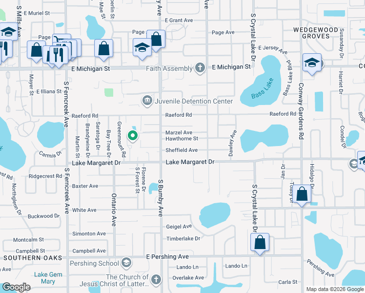 map of restaurants, bars, coffee shops, grocery stores, and more near 2600 Hawthorne Street in Orlando