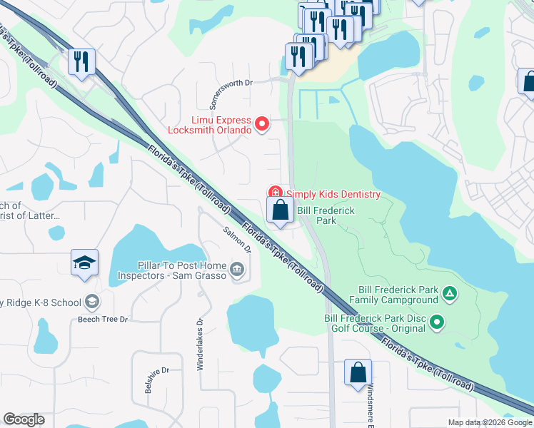 map of restaurants, bars, coffee shops, grocery stores, and more near 7313 Mardell Court in Orlando