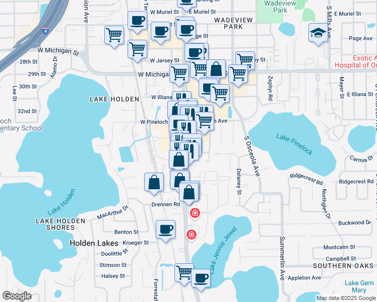 map of restaurants, bars, coffee shops, grocery stores, and more near 3203 South Orange Avenue in Orlando
