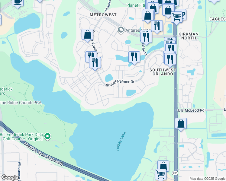 map of restaurants, bars, coffee shops, grocery stores, and more near 3393 Shallot Drive in Orlando