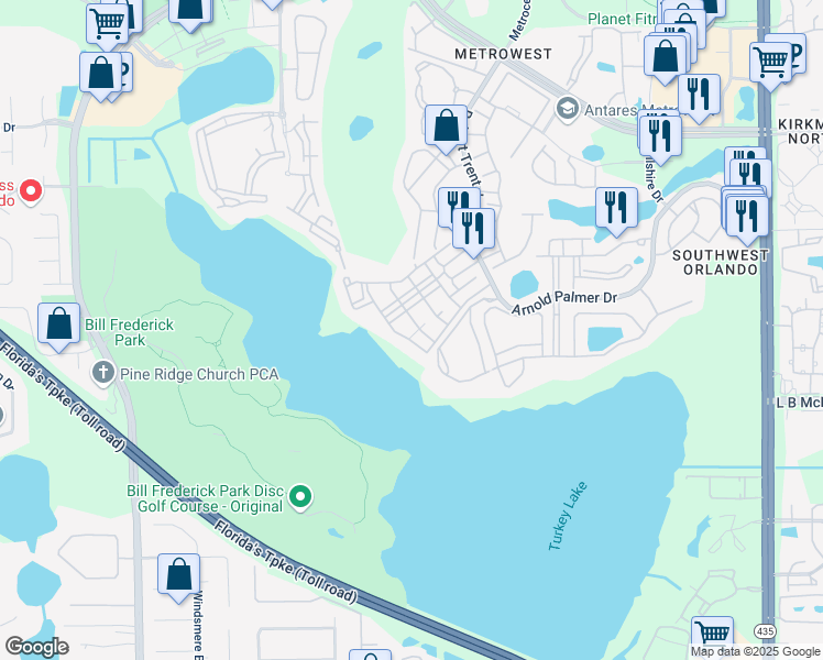 map of restaurants, bars, coffee shops, grocery stores, and more near 3383 Westchester Square Boulevard in Orlando
