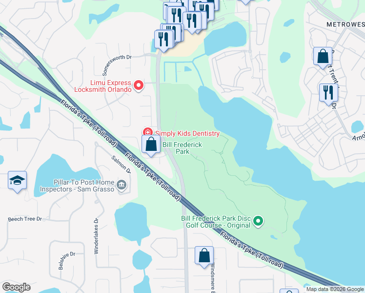 map of restaurants, bars, coffee shops, grocery stores, and more near 3401 South Hiawassee Road in Orlando