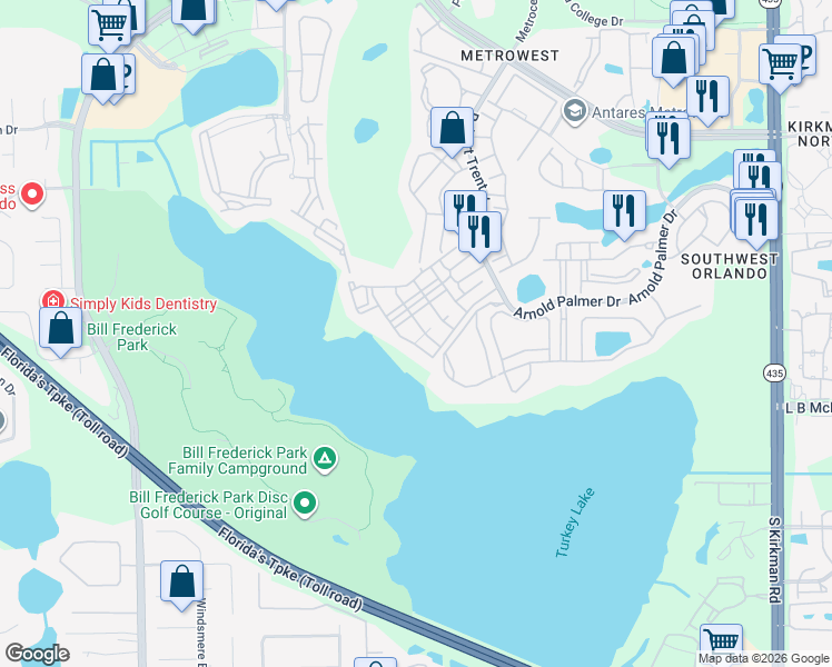 map of restaurants, bars, coffee shops, grocery stores, and more near 3383 Westchester Square Boulevard in Orlando