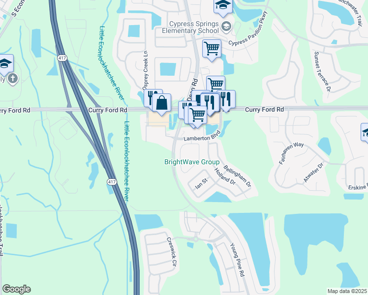 map of restaurants, bars, coffee shops, grocery stores, and more near 10113 Andover Point Circle in Orlando