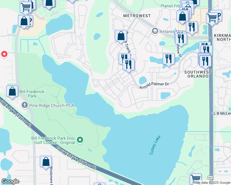 map of restaurants, bars, coffee shops, grocery stores, and more near 3383 Westchester Square Boulevard in Orlando