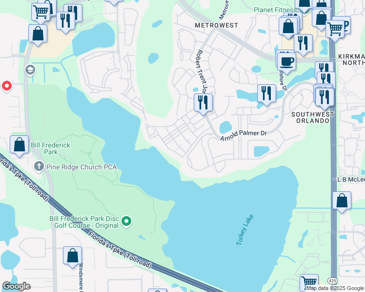 map of restaurants, bars, coffee shops, grocery stores, and more near 3383 Westchester Square Boulevard in Orlando