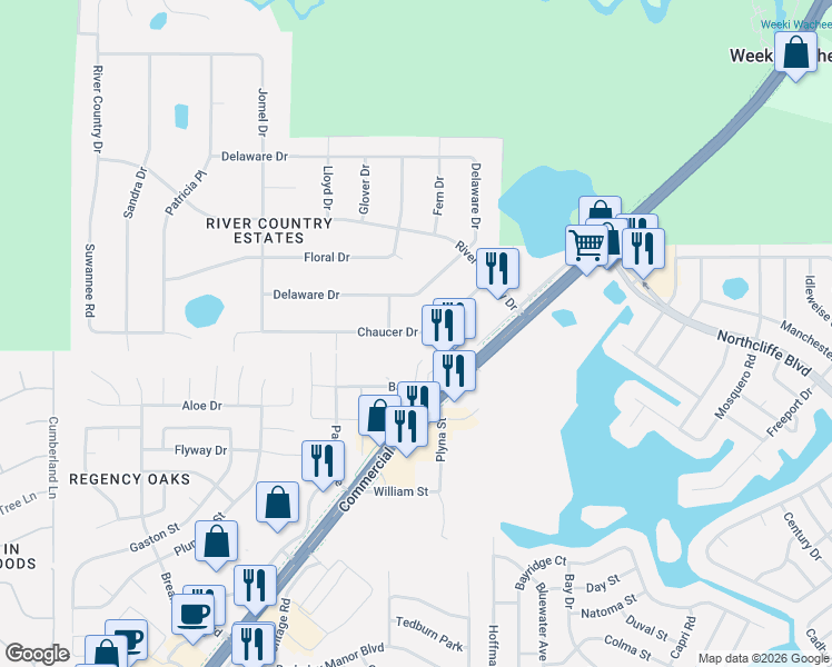 map of restaurants, bars, coffee shops, grocery stores, and more near 8109 Chaucer Drive in Spring Hill