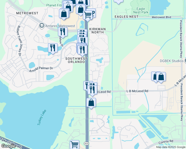 map of restaurants, bars, coffee shops, grocery stores, and more near 3301 South Kirkman Road in Orlando